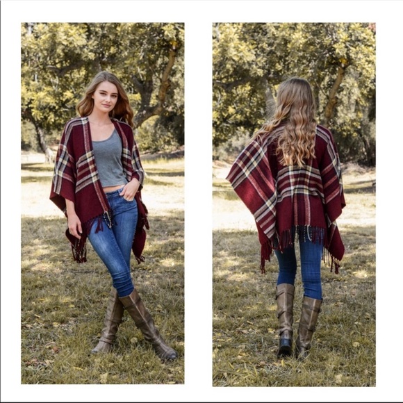 Ruana Burgundy Plaid Wrap Blanket Scarf - Picture 5 of 7